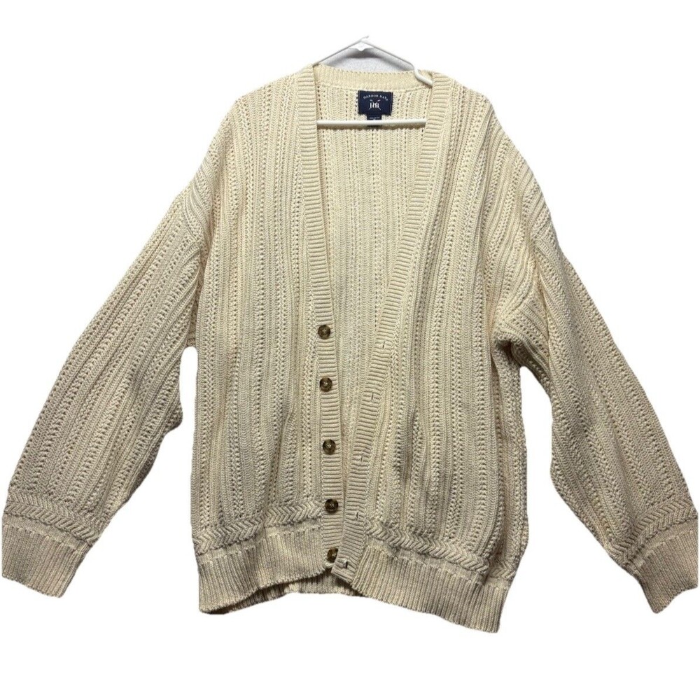 Harbor Bay HB Sweater Cardigan Mens 2X Cream 100% Cotton Long Sleeve Chunky
